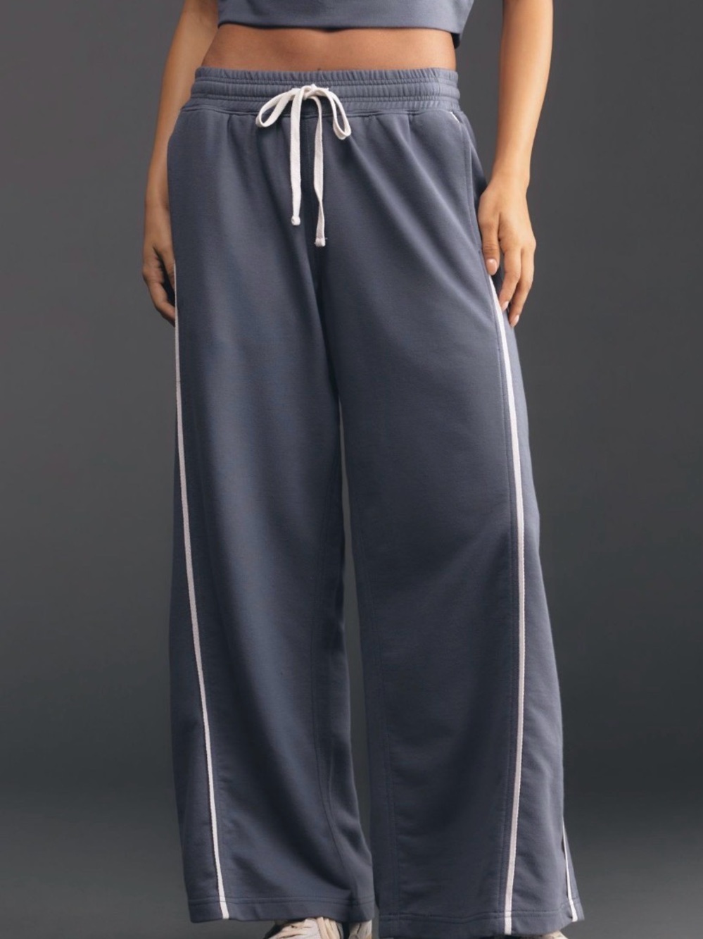 Anthropologie Slate Blue Wide-Leg Drawstring Pants with White Side Stripes